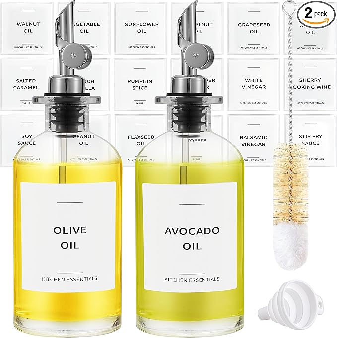 Olive Oil Dispenser Bottle - Includes 55 Kitchen Essential Labels - Cooking Oil Bottles for Kitchen, Coffee Syrup Dispenser - Pourer Spout with 11.8 fl oz Glass Container Cruet - 2pcs Silver