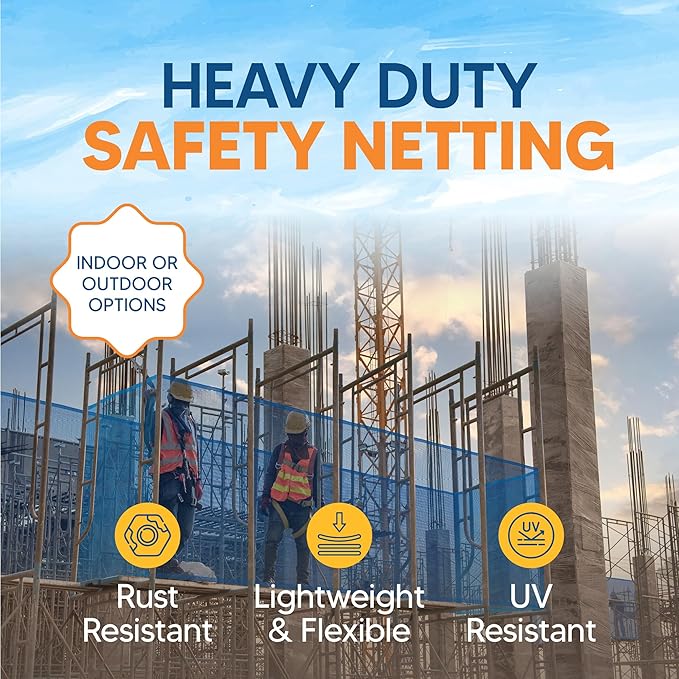 Fire Retardant Debris Safety Netting (8.6' x 150' - Blue) - High Visibility Construction & Scaffolding & Railing & Elevator Netting for Enhanced Safety - Construction Fencing
