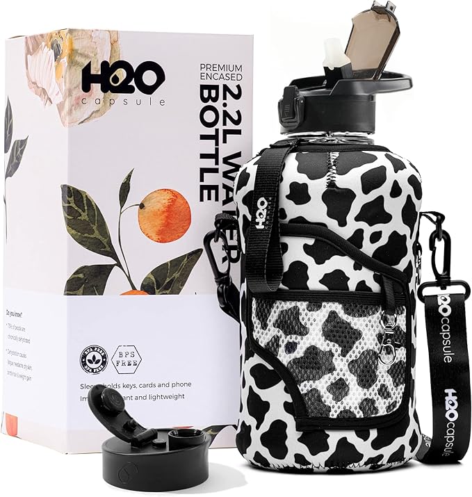 H2O Capsule 2.2L Half Gallon Water Bottle with Storage Sleeve and Removable Straw – BPA Free Large Reusable Drink Container with Handle - Big Sports Jug, 2.2 Liter (74 Ounce), Cowbell