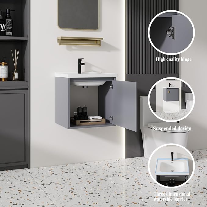 20'' Bathroom Vanity with Ceramic Sink Combo, Wall Mounted Small Bathroom Vanity with Soft-Close Door Modern Floating Cabinet, Pop-up Drain, P-Trap Included, Gray(No Faucet)