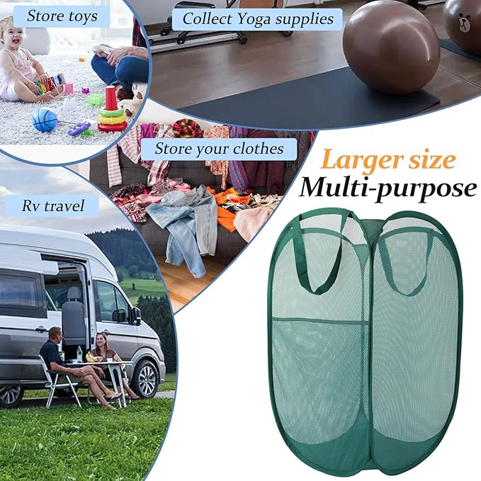 Upgraded 100L Extra Large Collapsible Laundry Baskets, 2 Pack XL Mesh Pop Up Laundry Hamper with Handles, Portable Travel Laundry Basket, Foldable Hamper. Green