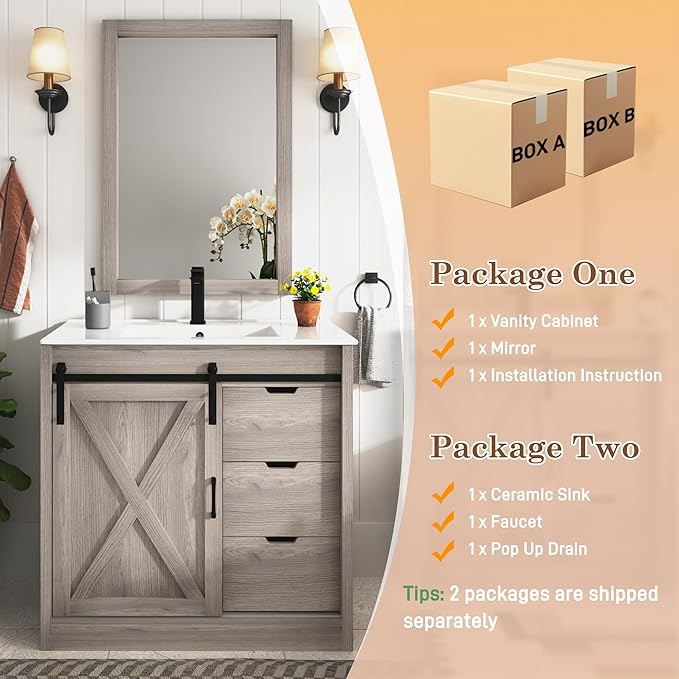 36 Inch Bathroom Vanity with Sink & Faucet & Mirror, Farmhouse Bathroom Vanity Cabinet Set with Sliding Barn Door & Drawers, Small Single Bath Storage Vanity Sink, Grey