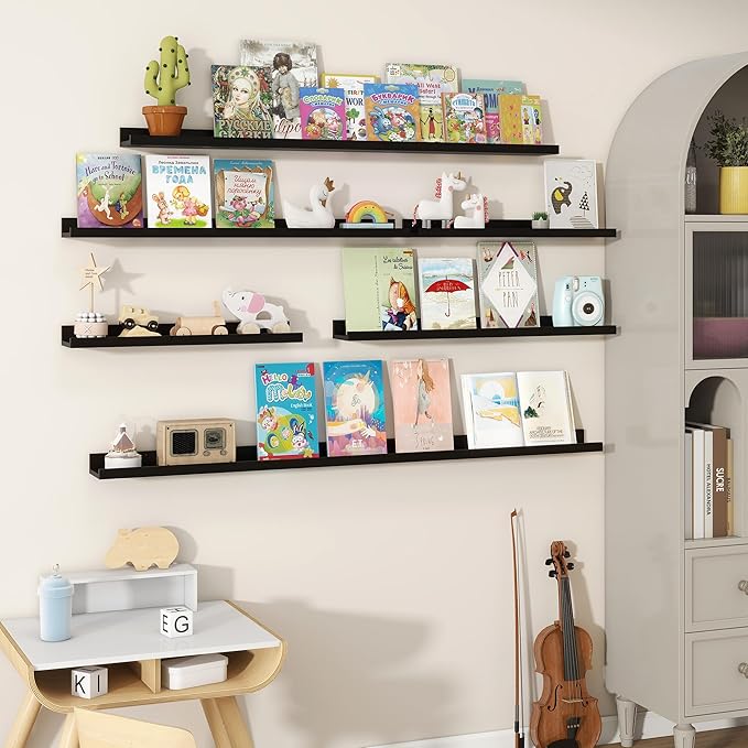 Fun Memories Picture Ledge Shelves Set of 2, 24 Inch Rustic Wall Mounted Floating Shelves with Lip for Home Storage and Décor in Bathroom, Kitchen, Nursery, Bedroom, Living Room, Black