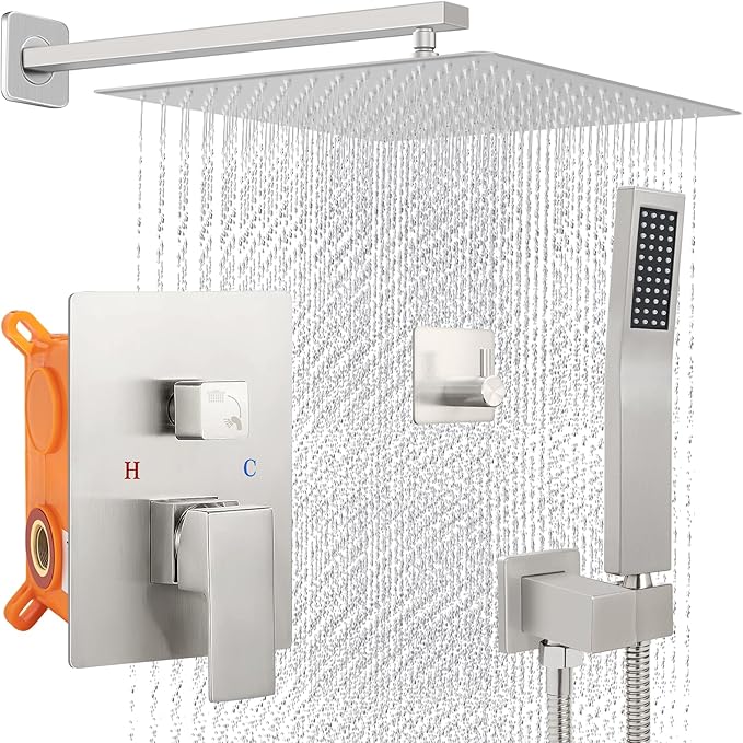 Shower Faucet Set - 12" Brushed Nickel Shower Head and Handle Set : Ceiling Rainfall Shower System with Square Rain Shower Head and High Pressure Handheld Spray Combo, Shower Valve and Trim Kit