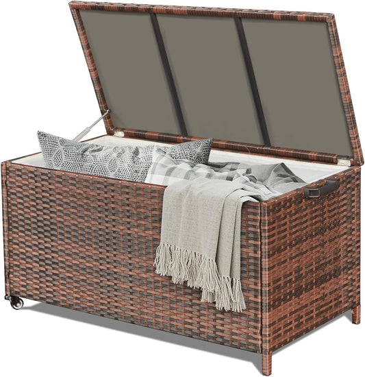 HOMREST Large Deck Box, Outdoor Wicker Storage Container with 70 Gallon, Patio Rattan Furniture for Garden Tools, Pillows, Pool, Brown