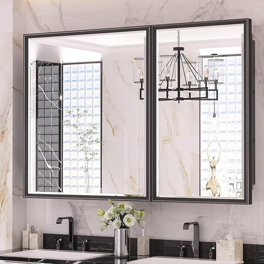 Keonjinn 40” x 30” Black Bathroom Medicine Cabinets with Mirror Recessed or Surface Wall-Mounted Aluminum Alloy Framed Beveled Mirror with Soft Close Hinge, 2 Doors Modern Bathroom Mirror with Storage