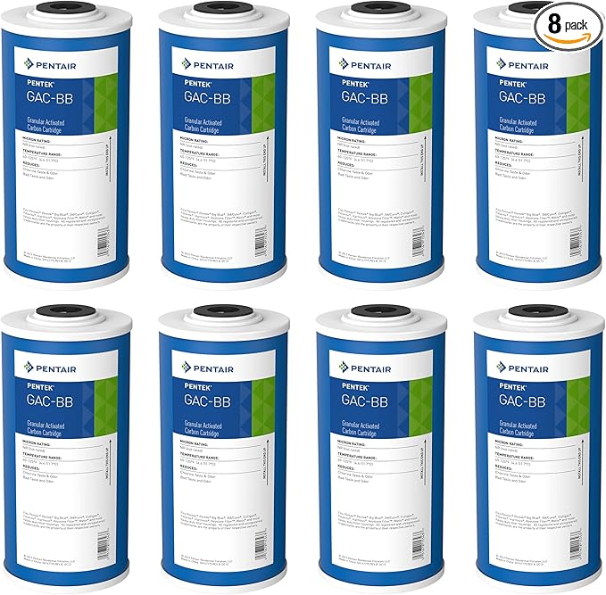 Pentair Pentek GAC-BB Big Blue Carbon Water Filter, 10-Inch, Whole House Heavy Duty Granular Activated Carbon (GAC) Replacement Cartridge, 10" x 4.5", Pack of 8