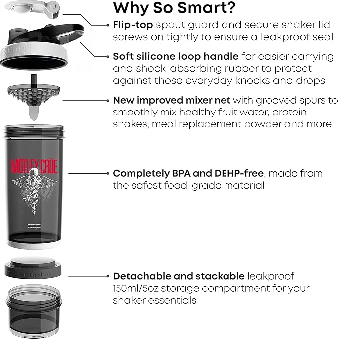 Smartshake Revive Motley Crue Protein Shake Bottles 750ml – Protein Shaker Bottle with Storage Compartment – Shaker Cups for Protein Shakes + Powder, Rock Band Collection