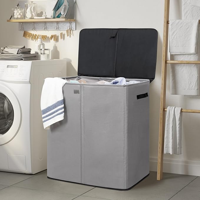 WOWLIVE Laundry Hamper with Lid,160L Large Laundry Basket 3 Section with Removable Washing Bags,Collapsible Waterproof Dirty Clothes Hamper for Laundry Room Bathroom Dorm,Grey