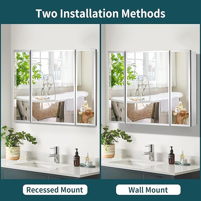 Movo Double Doors Medicine Cabinet with Mirror, 36 inch X 26 inch Aluminum Bathroom Medicine Cabinet, Adjustable Glass Shelves, Waterproof and Rust-Resist, Recess or Surface Mount Installation,Silver