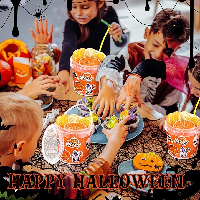 Sliner 20 Pcs 33.8 oz Clear Plastic Bucket with Lid and Handle and 100 Halloween Horror Stickers Halloween Trick or Treat Cocktail Rum Buckets for Drinks Food Storage Container Plastic Pail for Party