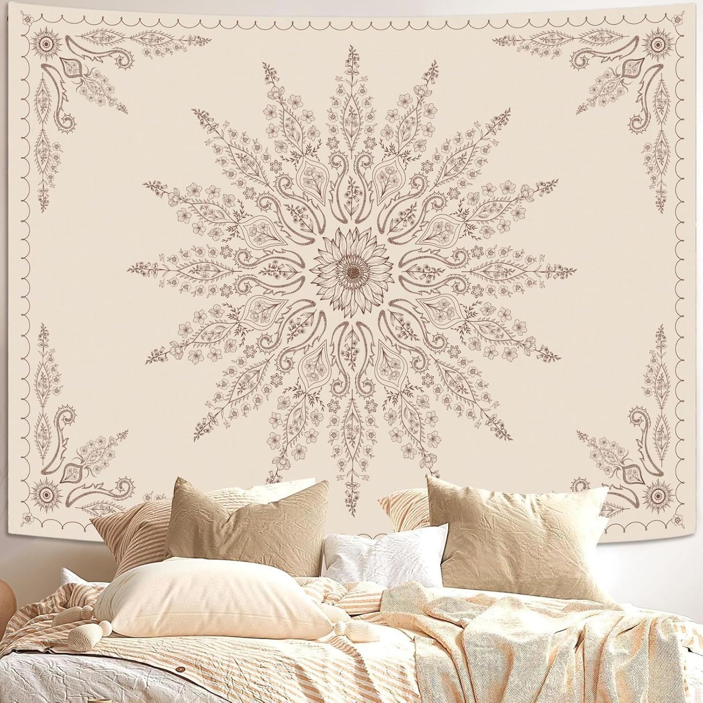 Fowocu Boho Floral Mandala Tapestry for Bedroom Aesthetic Bohemian Flower Wall Tapestry Beige Hippie Indian Large Tapestries Wall Hanging for Living Room Dorm Decor 80 x 60 Inch