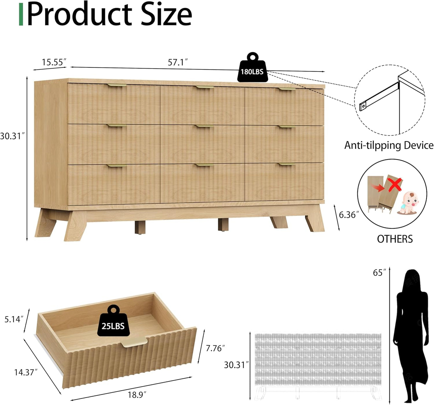 Fluted Dresser for Bedroom with 9 Drawers, 57" Wide Modern Chest of Drawers with Metal Handle, Wooden Dresser TV Stand, Wood Closet Clothes Storage Organizer for Living Room, Hallway, Natural Oak