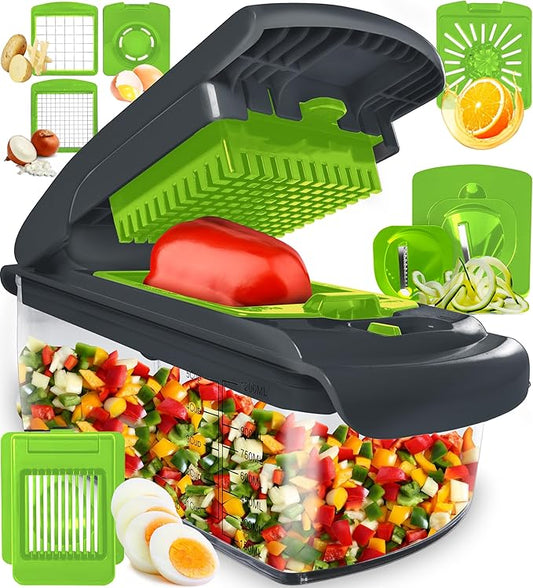 Fullstar Vegetable Chopper - Food Chopper - Onion Chopper - Vegetable Slicer & Spiralizer - Veggie Chopper with Container - Kitchen Gadgets - Home Essentials - Kitchen Accessories (8 in 1, Gray/Green)