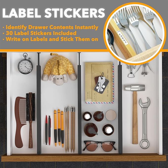 SpaceAid 4 Pack Bamboo Drawer Dividers with Labels, Kitchen Adjustable Drawer Organizers, Expandable Organization for Home Clothes Dressers (17-22 in, Black)