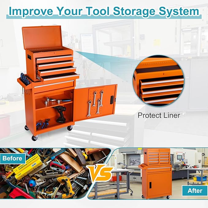 Tool Chest 5 Drawers Garage Storage Cabinet 2 in 1 Steel Frame Tool Chest with Wheels, Protective Liner, Detachable Top and Adjustable Shelf, Tool Box for Garage Workshop, Orange