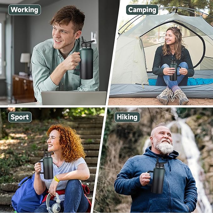 32oz Insulated Water Bottle with Handle, Stainless Steel Sports Metal Water Flask with Straw & 2 Leak Proof Lids, Double Walled Vacuum Wide Mouth Water Bottle for Travel,Camping,Gym (Dark Green Black)