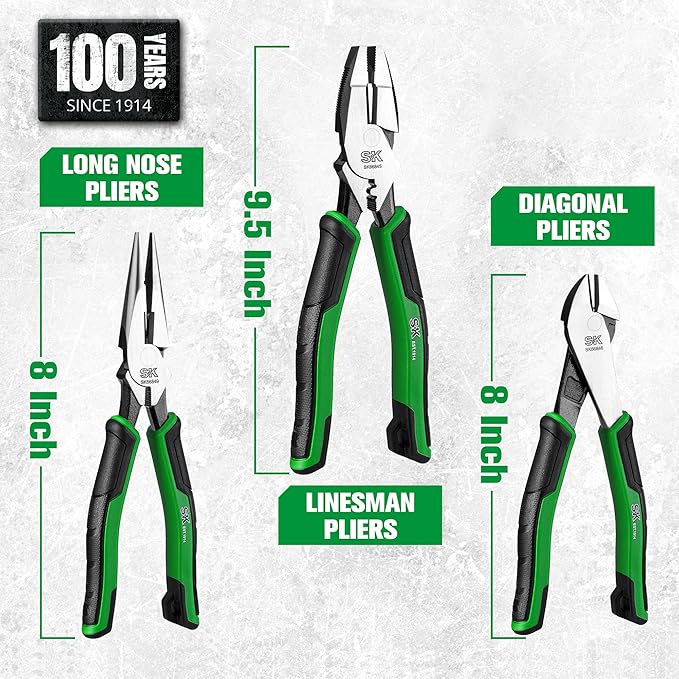 SK 3-Piece Pliers Set, 9.5-Inch Linesman, 8-Inch Diagonal & Needle Nose Pliers, Premium CR-V Construction, Ergonomic Anti-slip Handle, with Rolling Pouch