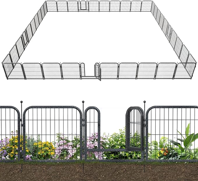 Metal Garden Fence with 35 Panels 5 Gates Outdoor Dog Fence 90ft (L)×32in (H) Decorative Pet & Animal Barrier, Garden and Yard Fencing，Black-Silver