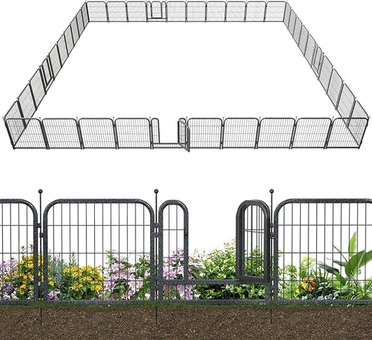 Metal Garden Fence with 35 Panels 5 Gates Outdoor Dog Fence 90ft (L)×32in (H) Decorative Pet & Animal Barrier, Garden and Yard Fencing，Black-Silver