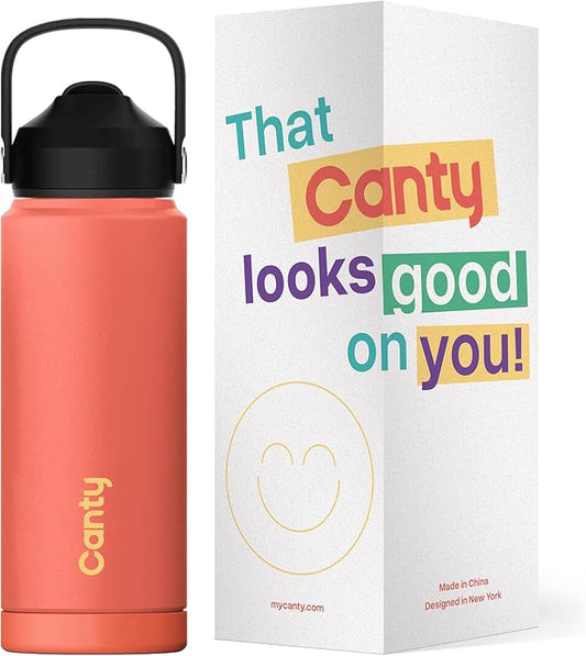 Canty Stainless Steel Water Bottle with Straw, Anti-Slip Base and Giftable Full Colored Box, Great for Travel (Coral, 24 Oz)