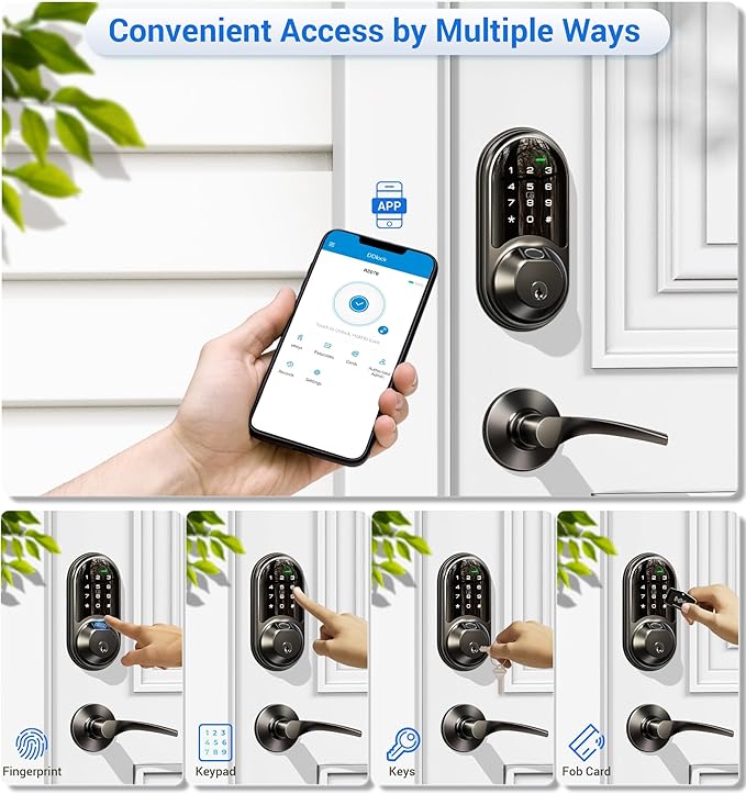 Veise RZ07B Smart Locks for Front Door, 2 Lever Handles, Fingerprint Keyless Entry, App Control Biometric Door Lock Set, Touchscreen Keypad Deadbolt, Easy Install, Auto Locking, Matte Black