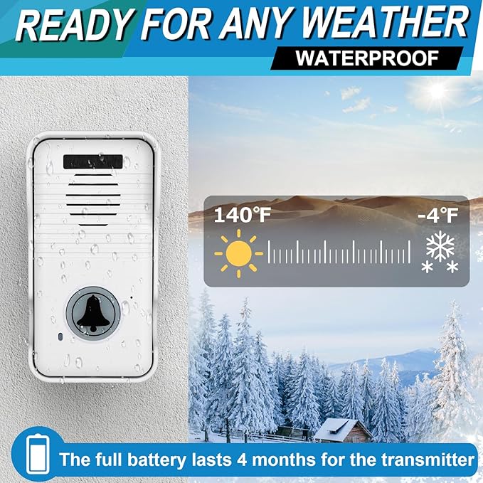 Wireless Doorbell System & Full Duplex Intercom Doorbell Wireless Hands-Free Waterproof Wireless Doorbells for Home Classroom, 1000ft Range, 8 Volume Levels, 4 Chimes, Easy Install(2 Packs, White)
