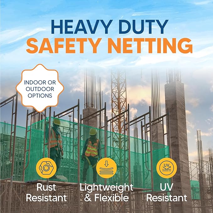 Fire Retardant Debris Safety Netting (8.6' x 150' - Green) - High Visibility Construction & Scaffolding & Railing & Elevator Netting for Enhanced Safety - Construction Fencing