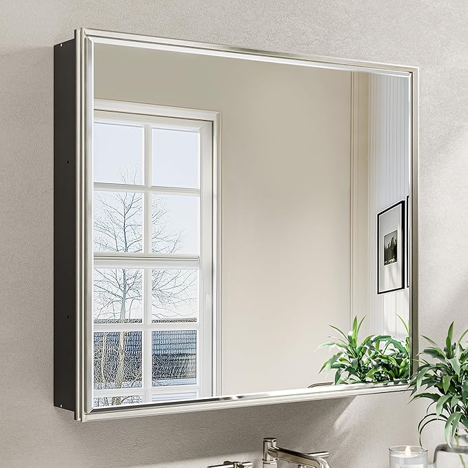 30''x 26'' Brushed Nickel Medicine Cabinet, Recessed or Surface Framed Medicine Cabinet with Beveled Mirror Pre-Assembled, Reversible Bathroom Storage Vanity Cabinet with Adjustable Shelves