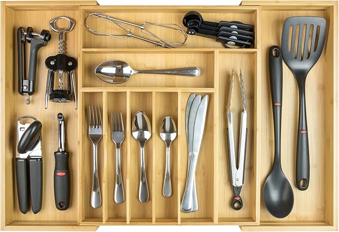 KitchenEdge Premium Silverware, Flatware and Utensil Organizer for Kitchen Drawers, Food-Safe Contract Grade, Expandable from 14 to 25 In, Natural Bamboo