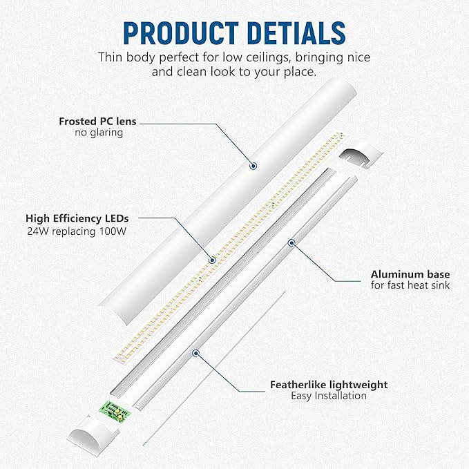 DAKASON 4-Pack 3FT LED Garage Lights Ceiling Mount, 3Foot LED Ceiling Light Fixture Flush Mount 24W 2880lm, Hardwired Flat Panel Light, Tube Light 3/4/5000K Adjustable