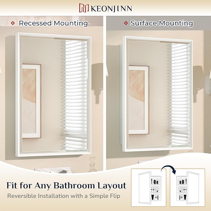 Keonjinn 21" x 27" White Medicine Cabinet with Mirror, Recessed or Surface Wall-Mounted Aluminum Alloy Framed Beveled Mirror, Single Door Farmhouse Bathroom Cabinet with Storage