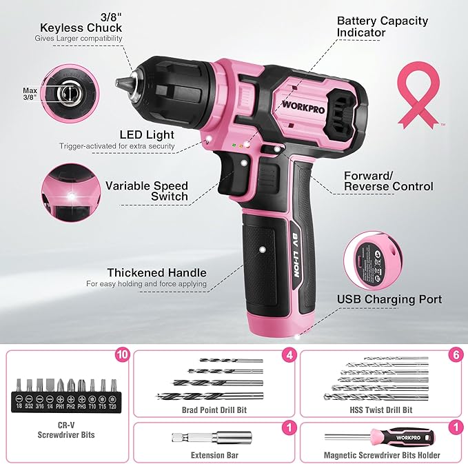 WORKPRO Pink Cordless Drill Driver with Toolbox, 8V Lithium-ion Power Drill and Bits, 2.0 Ah Portable Electric Screwdriver Home Tool Set with Stackable Pink Ribbon Tool Box