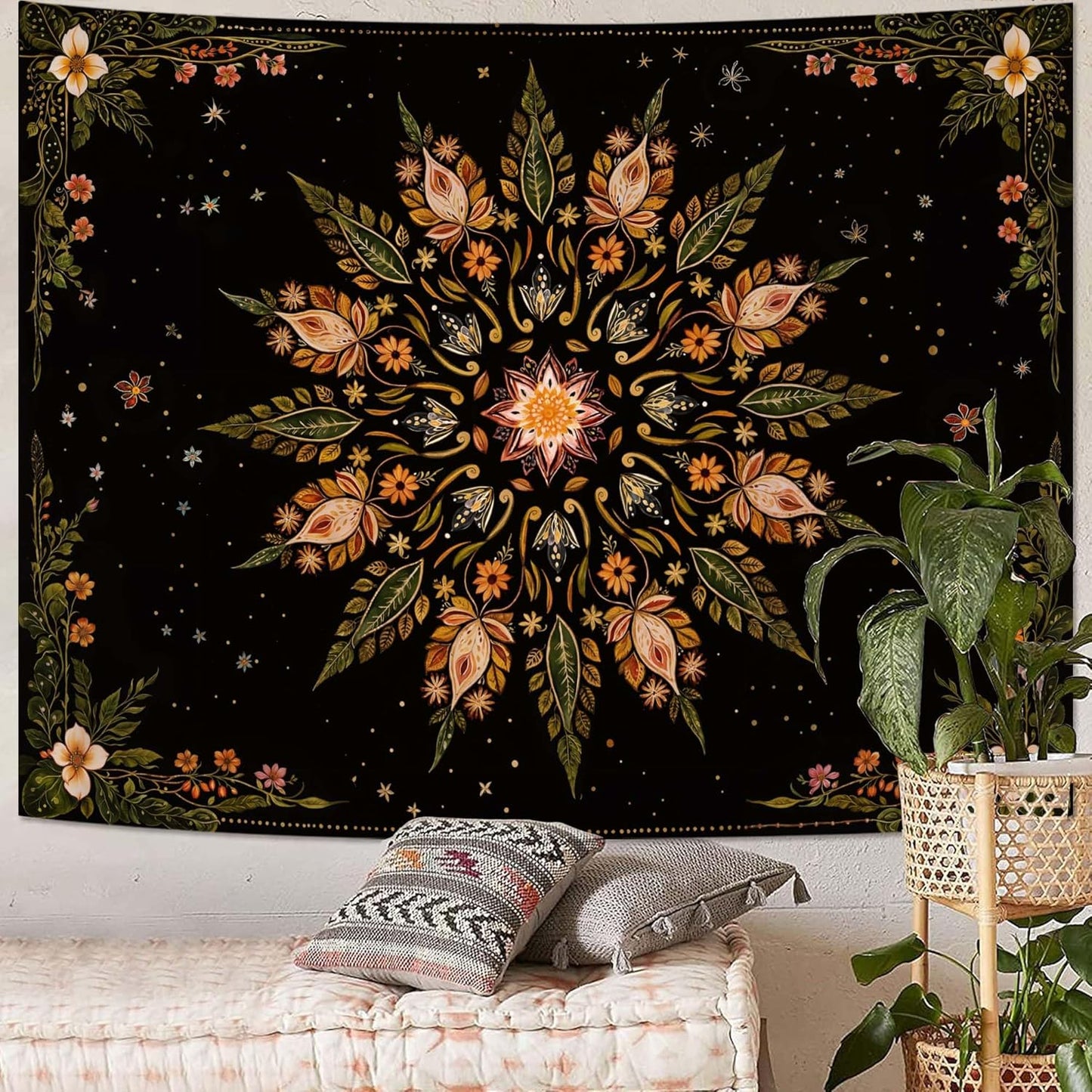 Fowocu Boho Floral Mandala Tapestry for Bedroom Aesthetic Vintage Bohemian Flower Wall Tapestry Black Green Hippie Indian Large Tapestries Wall Hanging for Living Room Dorm Decor 80 x 60 Inch