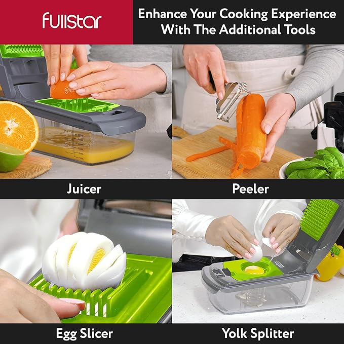 Fullstar Vegetable Chopper - Food Chopper - Onion Chopper - Vegetable Slicer & Spiralizer - Veggie Chopper with Container - Kitchen Gadgets - Home Essentials - Kitchen Accessories (9 in 1, Gray/Green)