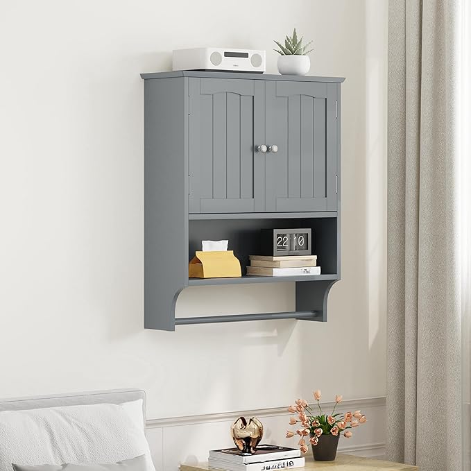 Smuxee Grey Bathroom Cabinet Wall Mounted with Towels Bar, Bathroom Medicine Cabinet with 2 Door Adjustable Shelves, Over Toilet Cabinet for Bathroom Laundry Room Kitchen