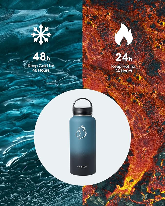 BUZIO Water Bottle with Straw lid, Spout Lid, Hand Lid and Carrying Pouch, 32oz 40oz 64oz Stainless Steel Water Flask Jug, Cold for 48 Hrs Hot for 24 Hrs Double Vacuum Thermo Canteen Mug, BPA-Free