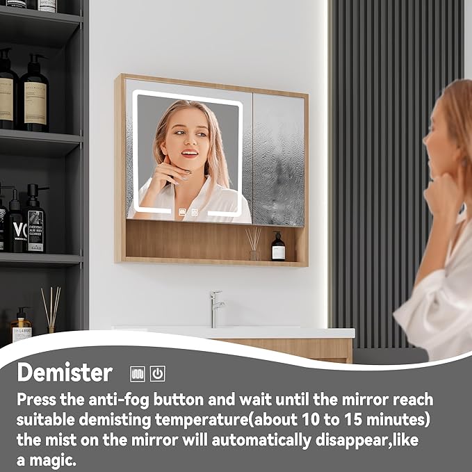 32'' Bathroom Vanity with Ceramic Sink Combo and Medicine Cabinet Mirror with Led Light/Defog, Wall Mounted Small Bathroom Vanity with Soft-Close Door Modern Floating Cabinet, Walnut(No Faucet)