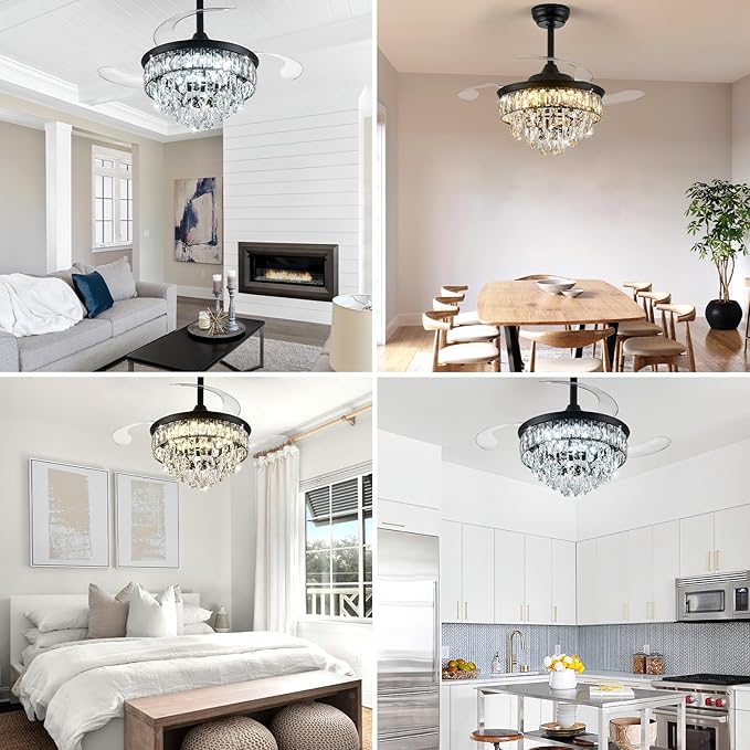 LEONTYNE 36" Modern Crystal Ceiling Fan with Lights and Remote Invisible Retractable LED Dimmable Chandelier Fan 3 Blades 6 Speeds Fandelier for Bedroom Living Room Dining Room (Black)