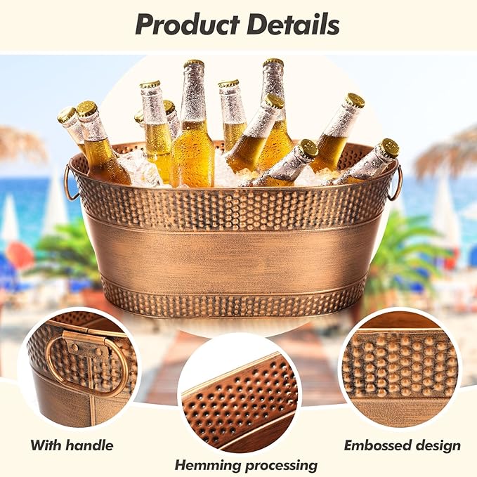 Nuogo 4 Pcs Stainless Steel Oval Ice Buckets for Parties 15 Qt/ 4 Gallon Galvanized Metal Drink Bucket with Handles Leak Resistant Beverage Tub Rustproof Wine Cooler Bucket Beverage Chiller(Bronze)
