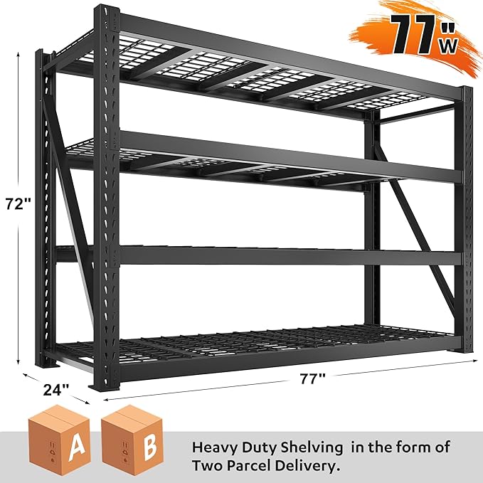 Bepatio 8000LBS Garage Shelving Heavy Duty, 77" Ultra Wide Storage Shelves 4 Tier Metal Shelving for Storage, Adjustable Utility Shelves For Garage, Basement, Warehouse, Black 77" W*24" D*72”H, 2 Pack