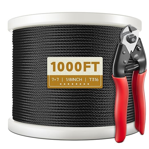 1000FT 1/8" T316 Black Stainless Steel Cable, Black Wire Rope Aircraft Cable for Deck Cable Railing Kit, DIY Balustrades, 7x7 Strands Construction, Comes with a Cutter