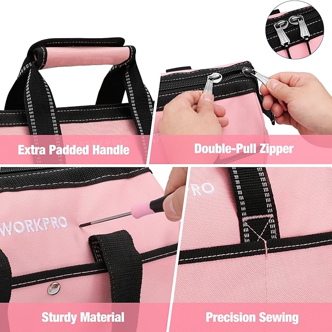 WORKPRO 13-Inch Tool Bag, Pink Soft Cloth Tool Storage Bags, Wide Mouth Tool Tote Bag with Inside Pockets - Pink Ribbon