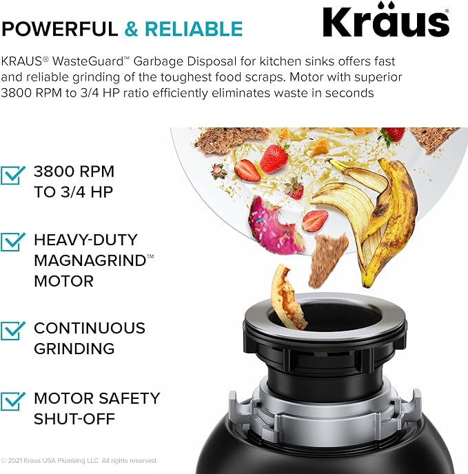 KRAUS Standart PRO™ 33-inch 16 Gauge Undermount 50/50 Double Bowl Stainless Steel Kitchen Sink with WasteGuard™ Continuous Feed Garbage Disposal, KHU102-33-100-75MB