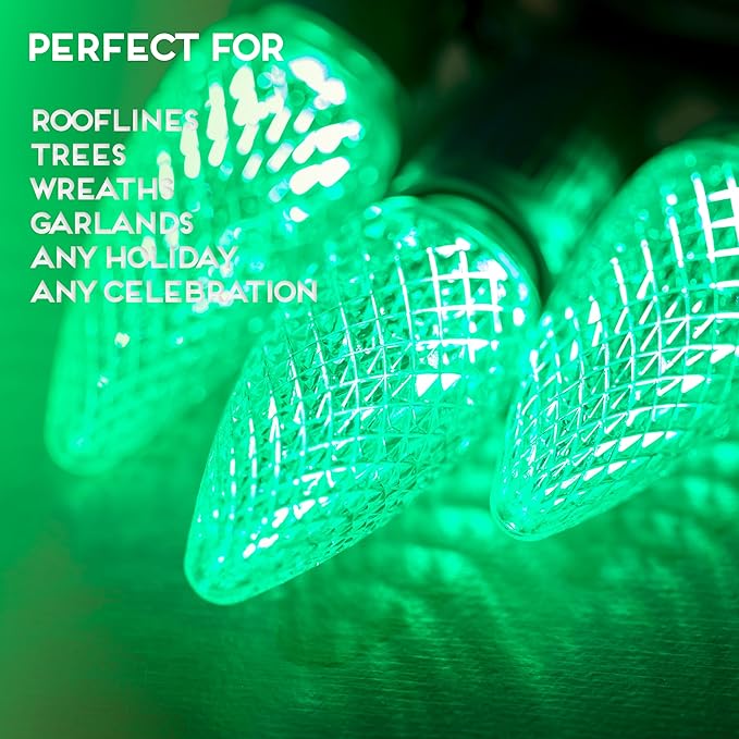 HLO Lighting Set of 25 Green C9 Faceted LED Christmas Light Bulbs for Indoor & Outdoor Use | Durable Replacement Bulb