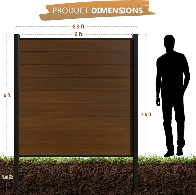 6 Feet×6 Feet Privacy Fence, Outdoor Wood Plastic Composite Fence Panel, Waterproof Security Barriers Fencing (Brown with One 7.6FT Post)