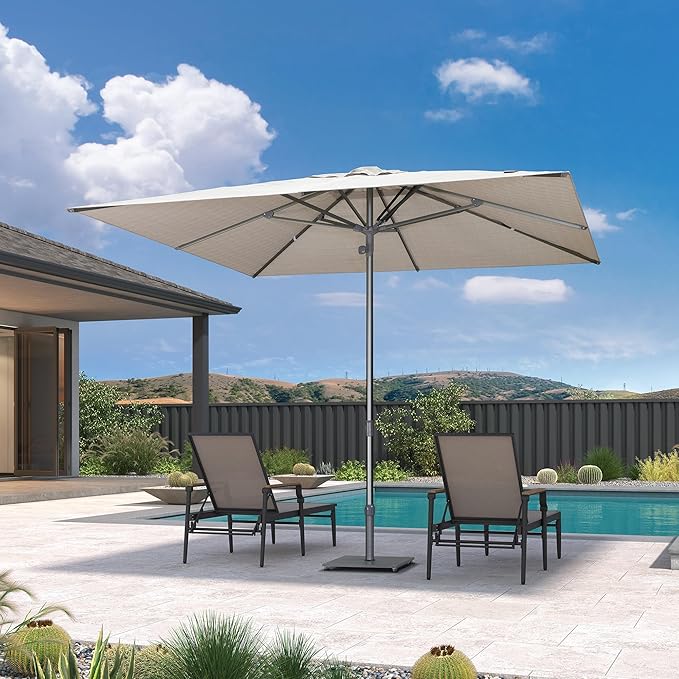 PURPLE LEAF 10 X 10 FT Semi-Auto Outdoor Patio Umbrella Market Table Sun Umbrellas with 8 Aluminum Sturdy Ribs for Backyard Deck Garden Pool (Gray Pole Beige Canopy)