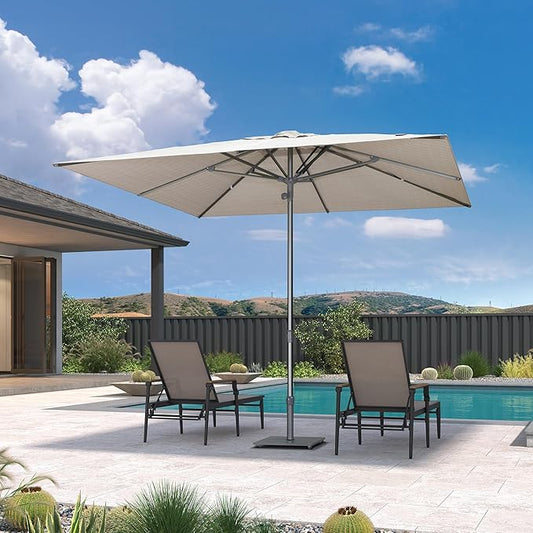 PURPLE LEAF 10 X 10 FT Semi-Auto Outdoor Patio Umbrella Market Table Sun Umbrellas with 8 Aluminum Sturdy Ribs for Backyard Deck Garden Pool (Gray Pole Beige Canopy)