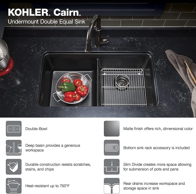 KOHLER K-8199-CM1 Cairn Sink, 33" Neoroc Composite Undermount Double-Bowl Kitchen Sink, Composite Kitchen Sink with Sink Rack, Matte Black