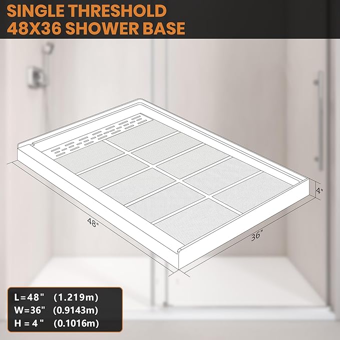 Shower Base Pan in White Left Linear Drainer, Rectangular Shower Base 48"×36"×4" with Non-Slip Floor Panel and Stainless Steel Shower Drain Cover